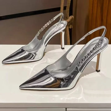 Xajzpa New Women's Shiny High Heels Slingback Women Pumps Metallic Crystal Sandals Pointy Toe Stiletto Heeled Shoes Party Dress Shoes